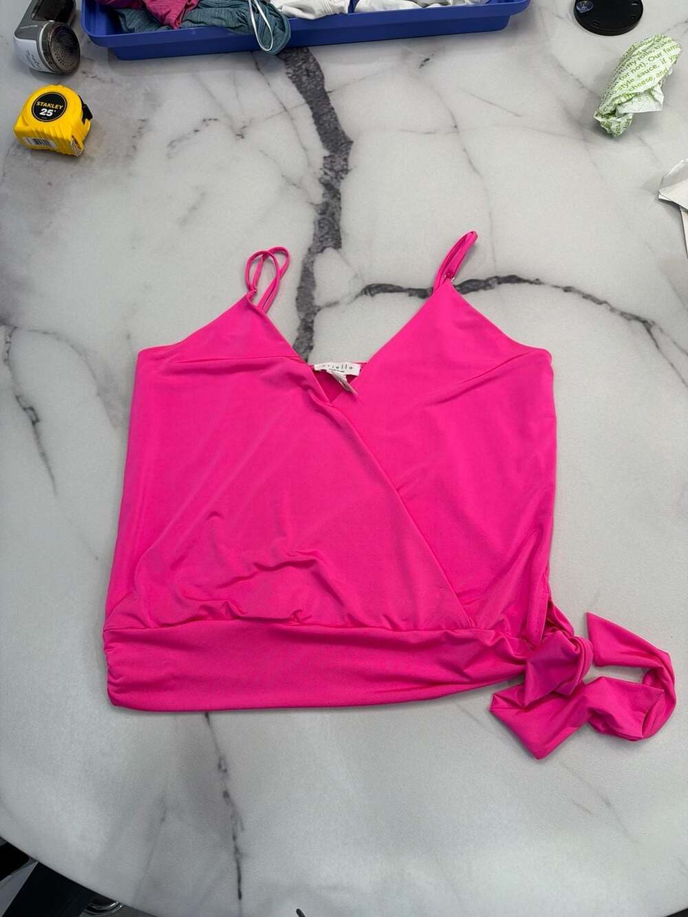 Arielle Hot Pink Surplice Side-Tie Faux Wrap Cami Tank Top